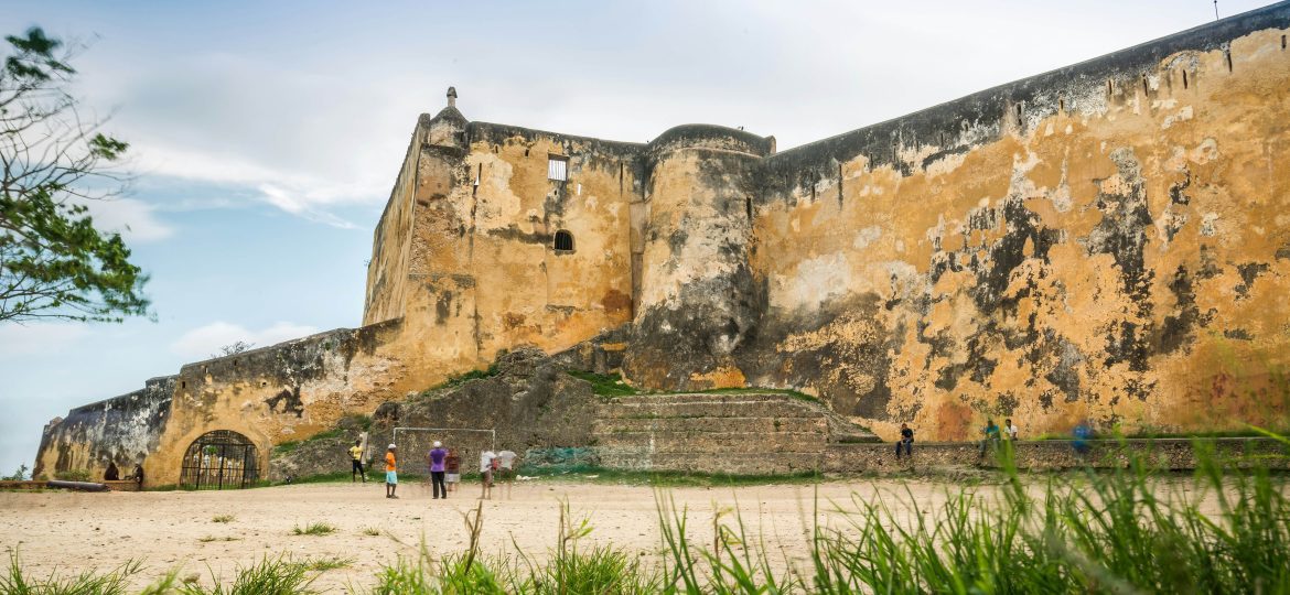 An image of the exterior part of Fort Jesus Mombasa adjustent to the blue Indian Ocean courtesy of Africa fixers