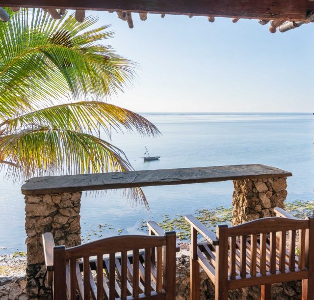 A seating arrangement with two seats at Bahari Beach hotel overlooking the indian ocean at Mombasa, Nyali