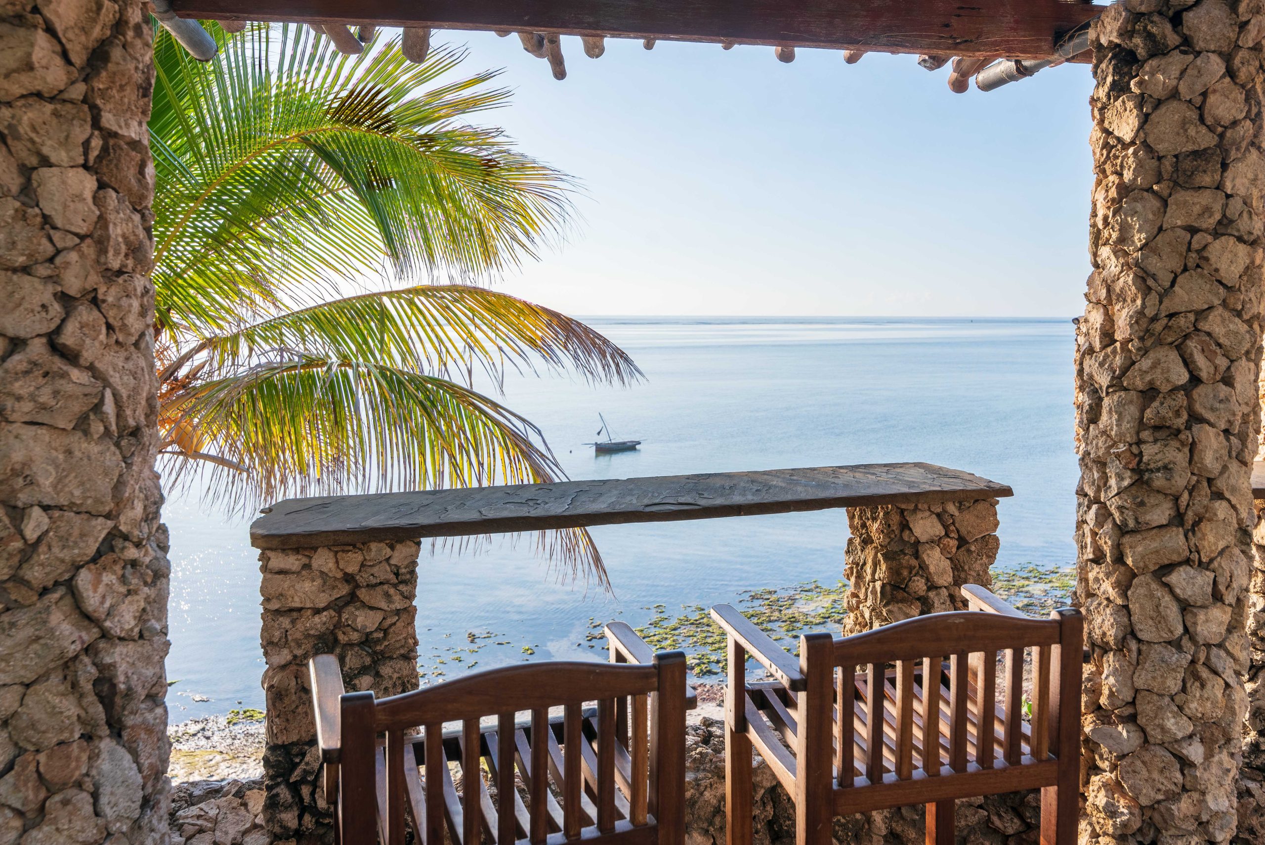 A seating arrangement with two seats at Bahari Beach hotel overlooking the indian ocean at Mombasa, Nyali
