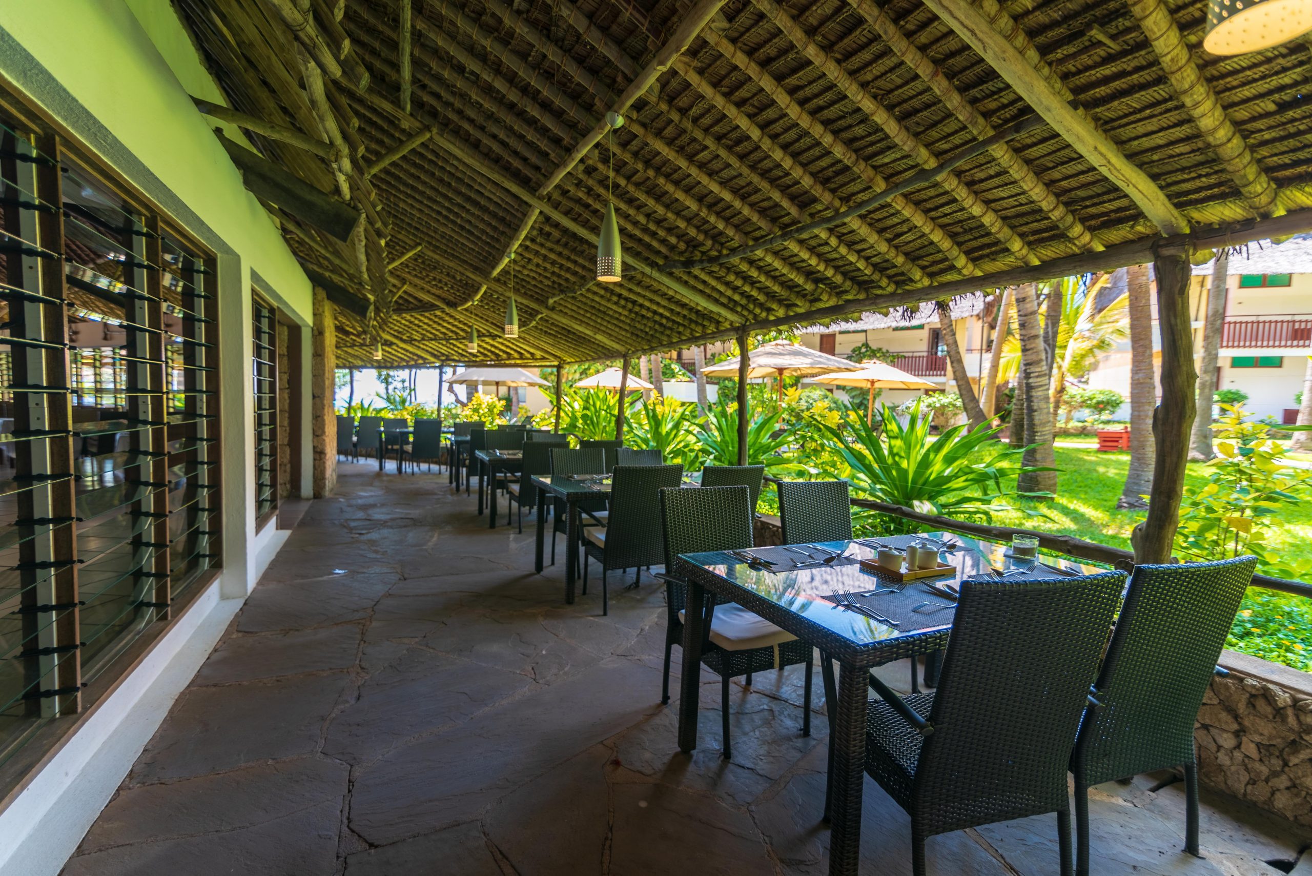 The outside veranda of the main restaurant at Bahari Beach Hotel, Nyali.
