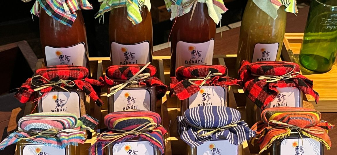 Jars of home made sauces and jams at Bahari beach hotel for sustainable tourism.