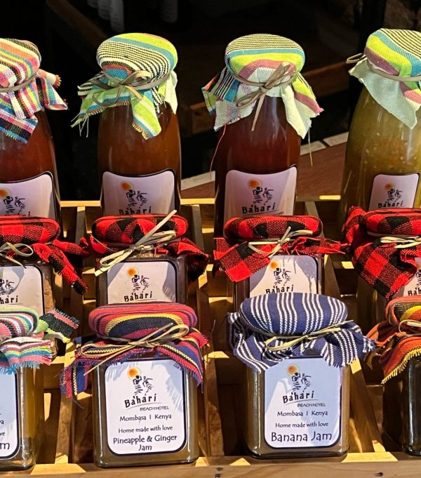 Jars of home made sauces and jams at Bahari beach hotel for sustainable tourism.