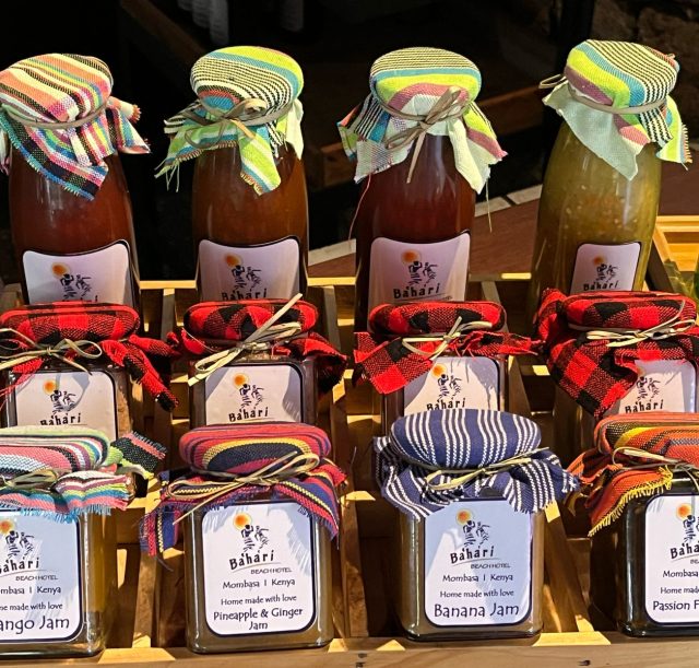 Jars of home made sauces and jams at Bahari beach hotel for sustainable tourism.