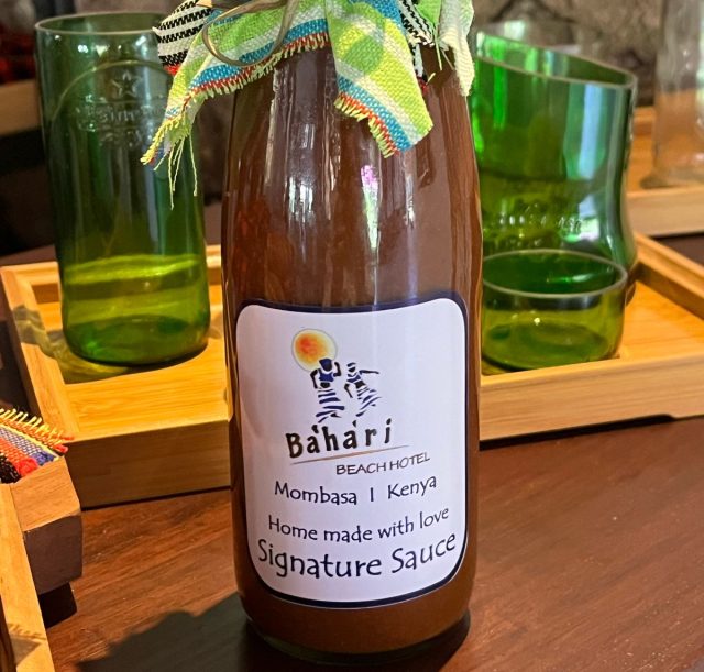 A jar of home made chilli sauce at Bahari beach hotel for sustainable tourism.